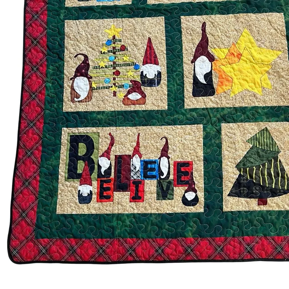 Christmas Gnome Patchwork Quilt Coverlet 92x78 Handmade Folk Art Bedspread